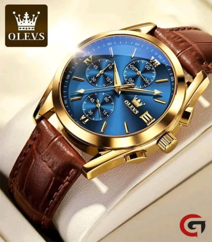 OLEVS 5610 Men's Watch with a brown genuine leather band, a stainless steel case with a black dial, and a hardlex crystal